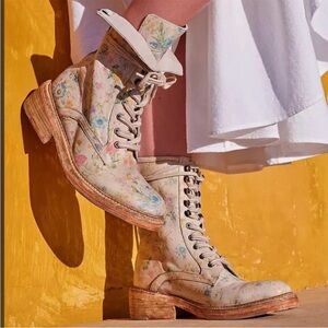 Free People Leather Floral Lace-Up Combat Women's Boots